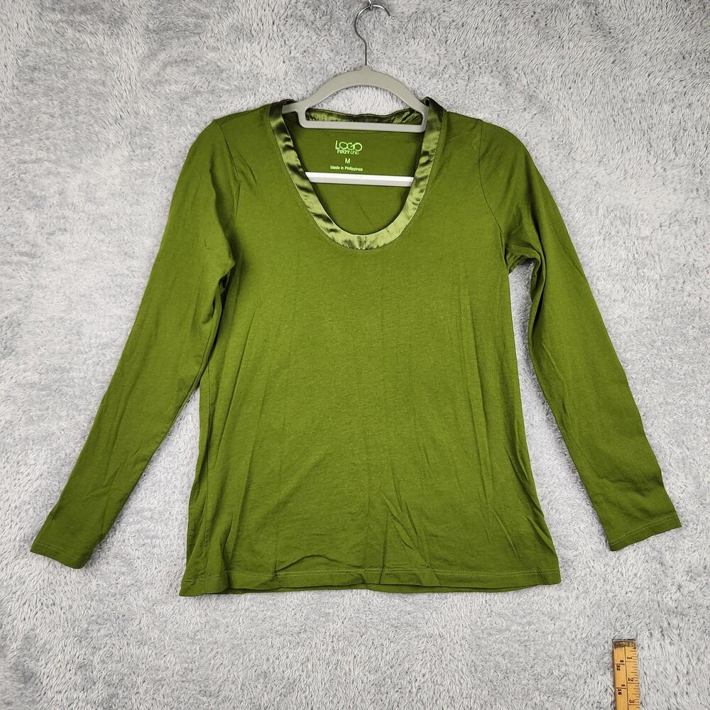 LOGO Instant Chic Shirt Womens Medium Green Scoop Neck Long Sleeve Cotton Top